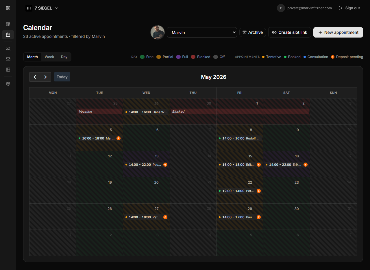 Inksights monthly calendar showing color-coded appointments across May 2026.