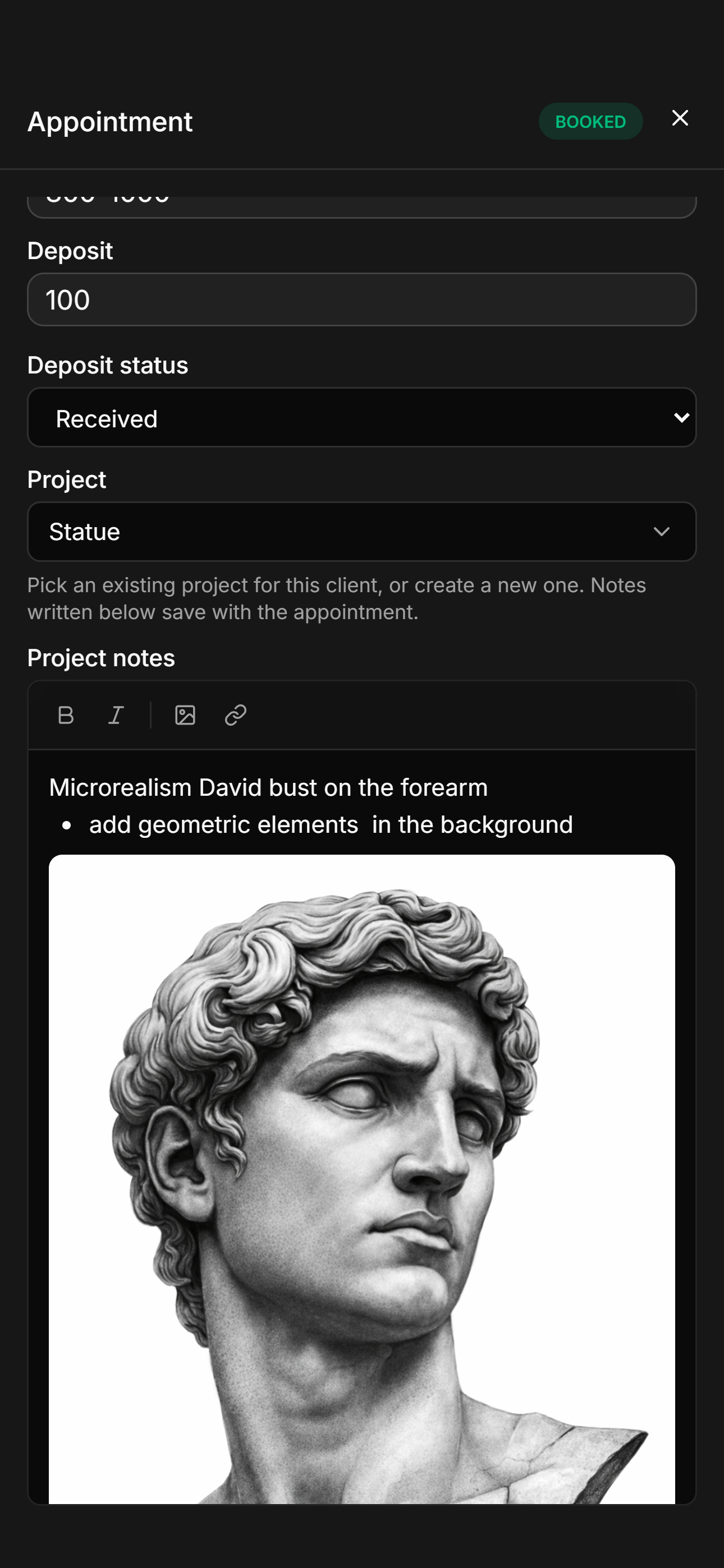 Project notes attached to a customer and appointment, references and stencil photos in one place.